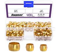 Swpeet 180 Pcs Tube OD 3/16" 1/4" 5/16" Brass Compression Sleeves Ferrules, 3 Sizes Brass Compression Fitting Ferrules Assortment Kit Metal Hardware Tightly Good Sealing
