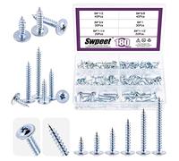 Swpeet 180Pcs 6 Sizes #8 x 1/2", 5/8", 3/4", 1", 1-1/4", 1-1/2" Phillips Modified Truss Head Wood Screws Assortment Kit, Blue White Zinc Alloy Carbon Steel Standard Self Tapping Sheet Metal Screws