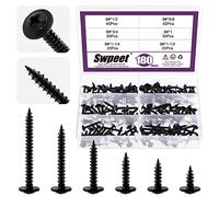 Swpeet 180Pcs 6 Sizes #8 x 1/2", 5/8", 3/4", 1", 1-1/4", 1-1/2" Phillips Modified Truss Head Wood Screws Assortment Kit, Black Phosphate Steel Self Tapping Sheet Metal Screws Self-Drilling Screws