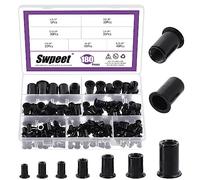 Swpeet 180Pcs 7 Sizes Rivet Nuts Kit, UNC 5/32"-32#8-32" #10-24" 1/4"-20 5/16"-18 3/8"-16 1/2"-13 Rivet Nut, Black Zinc Plated Carbon Steel Rivet Nut Inserts Kit, Flat Head Threaded Insert Nut Assort