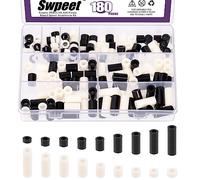 Swpeet 180Pcs Black White Nylon Round Spacer Standoff Screw Nut Assortment Kit, Nylon ABS Plastic Standoff ID 6.2mm OD 11mm, Length 3mm 5mm 6mm 8mm 10mm 12mm 18mm 20mm 25mm for M6 Screws Prototyping
