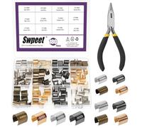 Swpeet 181Pcs 4 Colors 8.5×14mm 12×16mm 15×17mm Leather Rope Clips Assortment Kit, Metal Cylindrical Crimp Tubes, Foldable Cord String Fastener, Tassel Clips, for Jewelry Making Tassel Leather DIY
