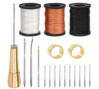 Swpeet 19 Pieces Portable Canvas Leather Sewing Point Needle Set Includes 50m Waxed Nylon Cord, Copper Handle, 2 Thimbles for Heavy Fabrics, Handmade Leather Sewing Tools, Shoes and