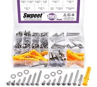 Swpeet 190Pcs #12x 1/2" 5/8" 3/4" 1" 1-1/4" 1-1/2" 1-3/4" 304 Stainless Steel Flat Head and Pan Head Fast Self Tapping Drywall Screws Wood Screws Sheet Metal Screws with Flat Washer and Drywall Anchor