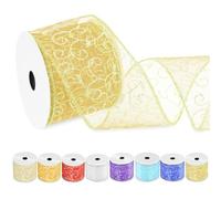 Swpeet 2-1/2 Inch × 10 Yard Golden Swirl Glitter Wired Organza Sheer Ribbon with Gold Metallic Edge for Christmas Tree Decoration, Gifts and Craft