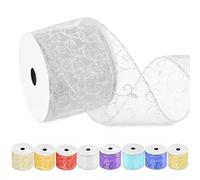 Swpeet 2-1/2 Inch × 10 Yard Silver Glitter Wired Organza Sheer Ribbon with Gold Metallic Edge, Swirls Pattern for Christmas Tree Decoration, Gifts and Craft