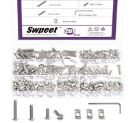 Swpeet 201Pcs M4 Nickel Plated T Nuts Screws With Hex Wrench Assortment Kit, M4×12/16/20 Button Head Hex Socket Head Cap Bolts, T Slot Nut Hammer Head Fastener for 2020 Series Aluminum Profile Groove