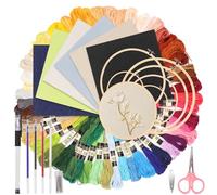 Swpeet 21Pcs 10 x 10 Inch Linen Embroidery Kit with Water-Soluble Pens, Needles, Threader, Hoops, and 50 Colors Embroidery Floss for Adults