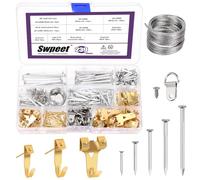 Swpeet 239Pcs Picture Hanging Kit, Picture Frame Hanger Tool, Including Golden Picture Hanging Hooks, D Ring, Nails for Hanging Pictures, Wire, Self- Tapping Screw, for Drywall Cement Wall Decoration