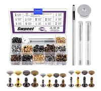 Swpeet 240 Sets 4 Colors 8mm 10mm 12mm Leather Rivets Double Cap Rivets with 4Pcs Fixing Tools Assortment Kit, Leather Rivets Double Cap Rivets Tubular for DIY Leather Craft Clothes Shoes