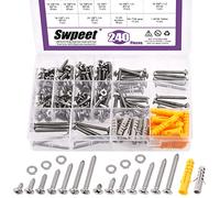 Swpeet 240Pcs #10x 3/8" 5/8" 3/4" 1" 1-1/4" 1-1/2" 1-3/4" 304 Stainless Steel Flat Head and Pan Head Fast Self Tapping Drywall Screws Wood Screws Sheet Metal Screws with Flat Washer and Drywall Anchor