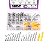 Swpeet 240Pcs #8x 3/8" 5/8" 3/4" 1" 1-1/4" 1-3/8" 1-1/2" 304 Stainless Steel Flat Head and Pan Head Fast Self Tapping Drywall Screws Wood Screws Sheet Metal Screws with Flat Washers and Drywall Anchor