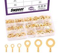 Swpeet 240Pcs Gold M3 M4 M5 M6 M8 M10 Non-Insulated Open Barrel Wire Crimp Copper Terminal Connerctor Kit, O-Type Ring Lugs Crimp Cable Terminal for Crimp Solid Wires or Stranded Wires