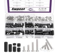 Swpeet 245Pcs 3/8" 1/2" 3/4" 1" Length 6-32 Thread Wall Plate Screws with M4×3/5/8/10/15/20mm Black Nylon Round Spacer Standoff Screw Nut Kit, Slotted Screws for Wall Plate, Switch Plate Screws