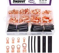 Swpeet 245Pcs Copper Ring Terminals Open Barrel Wire Crimp Copper Ring Lugs Terminal Connector with 2:1 Heat Shrink Tubing Assortment Kit (OT 5A 10A 20A 30A 40A 50A 60A 100A)