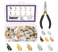 Swpeet 251Pcs 5 Colors 3mm 5mm Round Fold Over Cord Ends Cord Crimp Tips with Installation Pliers Assortment Kit, Leather Ribbon Cord End Clasp Tips Caps, Jewelry Connector for DIY Jewelry