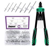 Swpeet 261Pcs 3/16" 1/8" 5/32" - M3.2/4/4.8 13 Inch Pop Rivet Gun and 3 Interchangeable Rivet Heads with Large Flange Aluminum Blind Rivets Assortment Kit, Two Hands Riveter Pop Rivets Open End Type