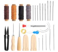 Swpeet 26Pcs Leather Kit, Leather Working Tools and Supplies, Leather Craft Tool Kit with Large-Eye Stitching Needles, Waxed Thread, U-Shaped Scissors Other Leather Sewing Tools for DIY Leather Craft