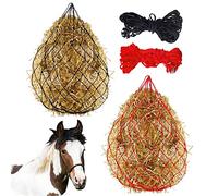 Swpeet 2Pcs 36 Inch Red and Black Slow Feed Hay Net Nylon Rope Hanging for Horses, Adjustable Travel Feeder General Slow Hay Feeder Hay Nets with Ring On Top, for Trailer and Stall, Simulates Grazing