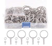 Swpeet 300Pcs 6/5 Inch 30mm Sliver Flat Key Chain Rings Kit, Including 100Pcs Split Keychain Rings with Chain and 100Pcs Jump Ring with 100Pcs Screw Eye Pins Bulk for Jewelry Findings Making