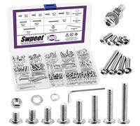 Swpeet 301Pcs M5 Metric 304 Stainless Steel Button Head Hex Socket Head Cap Bolts Screws Nuts and Hex Nuts with Flat Washers and Split Lock Washers Kit, Wrench Included