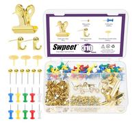 Swpeet 310Pcs Gold Push Pins Set, Including Thumb Tacks, Push Pin Hooks, Pushpin Clips, Decorative Push Pins and Map Tacks, 5 Style Gold Office Accessories Ideal for Map Office