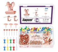 Swpeet 310Pcs Rose Gold Push Pins Set, Including Thumb Tacks, Push Pin Hooks, Pushpin Clips, Decorative Push Pins and Map Tacks, 5 Style Rose Gold Office Accessories Ideal for Map Office