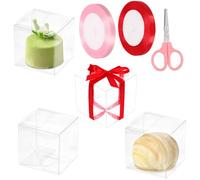 Swpeet 33Pcs 2.76" × 2.76" × 2.76" Plastic Clear Favor Boxes with Ribbons and Scissors Kit, Small Gift Boxes Transparent Cube PET Boxes Treat Boxes for Wedding Birthday Baby Shower