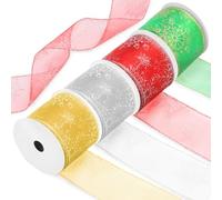 Swpeet 4 Roll 2-1/2 Inch × 10 Yard Snowflakes Glitter Wired Ribbon, Organza Sheer Ribbon with Gold Metallic Edge, Glitter Snowflakes Wired Ribbon, Christmas Snowflakes Ribbon for Tree Decoration Craft