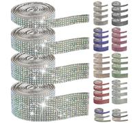 Swpeet 4 Rolls 4 Sizes AB Color Self Adhesive Rhinestone Ribbons Strips, Bling Crystal Rhinestone Diamond Ribbons Stickers, Rhinestone Tape Wrap, Diamond Rhinestone Roll for Crafts Phone Decoration