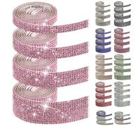 Swpeet 4 Rolls 4 Sizes Pink Self Adhesive Rhinestone Ribbons Strips, Bling Crystal Rhinestone Diamond Ribbons Stickers, Rhinestone Tape Wrap, Diamond Rhinestone Roll for Art Crafts Phone Decoration