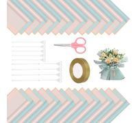 Swpeet 40 Sheet Gold Edge Pastel Pink & Clear Sky Blue Flower Wrapping Paper with Floral Picks Card Holders Ribbon Roll and Scissors Kit, Florist Supplies Bouquet Packaging Paper for Wedding Birthday