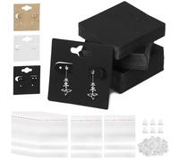 Swpeet 400Pcs Earring Display Cards Set - Black, 2" x 2" Square Cards with 6 Precut Holes, 200 Silicone Earring Backs, 100 Clear Self-Sealing Bags
