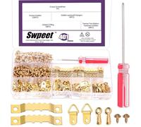 Swpeet 401Pcs Golden Picture Hangers Kit, Including Metal Sawtooth Picture Hangers Double Hole and Picture Frames Turn Button and D Ring Picture Frame Hanger and Screwdriver for Hanging Pictures