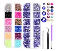 Swpeet 4403Pcs 2mm 3mm 4mm 5mm Dark Blue Flat Crystal Rhinestones and 12 Colors 3mm Semicircle Flat Back Pearl Assortment Kit, Including Tweezer Dotting Tool Picker Pencil Perfect for Craft DIY Nail
