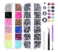 Swpeet 4403Pcs 2mm 3mm 4mm 5mm Ink Blue Flat Crystal Rhinestones and 12 Colors 3mm Semicircle Flat Back Pearl Assortment Kit, Including Tweezer Dotting Tool Picker Pencil Perfect for Craft DIY Nail