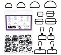Swpeet 48Pcs 4 Sizes Black Metal D Ring & Rectangle Adjuster Triglides Slides Buckle & D Ring Swivel Lobster Clasp Kit, Semi-Circular D Rings Roller Pin Buckles Swivel Snap Hook for Belt DIY Crafts
