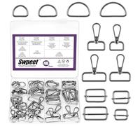 Swpeet 48Pcs 4 Sizes Gloss Black Metal D Ring & Rectangle Adjuster Triglides Slides Buckle & D Ring Swivel Lobster Clasp Kit, Semi-Circular D Rings Roller Pin Buckles Swivel Snap Hook for DIY Crafts