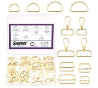 Swpeet 48Pcs 4 Sizes Gold Metal D Ring & Rectangle Adjuster Triglides Slides Buckle & D Ring Swivel Lobster Clasp Kit, Semi-Circular D Rings Roller Pin Buckles Swivel Snap Hook for Belt DIY Crafts