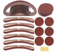 Swpeet 49Pcs 1 x 30 Inch Aluminum Oxide Sanding Belts (60/80/120/150/240/400 Grits) with 5 Inch Self Stick No-hole Sanding Disc (80/100/120/180/240/400 Grits) and Cleaning Eraser
