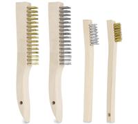 Swpeet 4Pcs 7.8/ 8/ 9.6/ 9.8 Inch Wire Scratch Brush with Long Curved Beechwood Handle Kit, Including 3Pcs Brass/Stainless/Carbon Steel Wire Brush and 1Pc Copper Wire Brush for Deep Cleaning