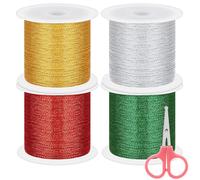 Swpeet 5Pcs 4 Colors 55 Yards Metallic Elastic Cords with Scissors, Metallic Cord Tinsel Rope, Metallic Stretch Cords Elastic Cords Ribbon for Craft Gift Wrapping Christmas Jewelry Making
