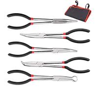 Swpeet 5Pcs Precision 11inch Long Needle Nose Pliers Assortment Kit, Long Reach Pliers Set Wire Plier Repair Tool - Straight, 25, 45, 90-Degree Angle, Long Reach Circle Pliers Perfect for Auto Body
