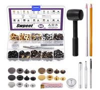 Swpeet 60 Sets 15mm Leather Snap Fasteners with 4Pcs Fixing Tools and Plastic Hammer Assortment Kit, Craft Snap Leather Snaps Metal Snaps Metal Button Snaps Press Studs for Clothes, Jackets, Jeans