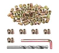 Swpeet 60Pcs 1/4" - 20 x 15mm Carbon Steel Color Zinc Plated Wood Inserts and 11mm Twist Drill with 1Pcs Wrench Assortment Kit, Bolt Furniture Screw in Nut Threaded Fastener Connector Hex Socket Drive