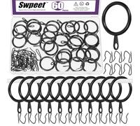 Swpeet 60Pcs 25mm/1" Inner Diameter Black Metal Curtain Ring with Pin-on Drapery Hooks Assortment Kit, Drape Sliding Eyelet Ring Metal Curtain Hooks, for Window Door Shower Curtains