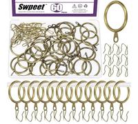 Swpeet 60Pcs 32mm/1.3" Inner Diameter Bronze Metal Curtain Ring with Pin-on Drapery Hooks Assortment Kit, Drape Sliding Eyelet Ring Metal Curtain Hooks, for Window Door Shower Curtains