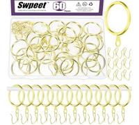 Swpeet 60Pcs 32mm/1.3" Inner Diameter Gold Metal Curtain Ring with Pin-on Drapery Hooks Assortment Kit, Drape Sliding Eyelet Ring Metal Curtain Hooks, for Window Door Shower Curtains