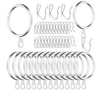 Swpeet 60Pcs 43mm/1.7" Inner Diameter Sliver Metal Curtain Ring with Pin-on Drapery Hooks Assortment Kit, Drape Sliding Eyelet Ring Metal Curtain Hooks, for Window Door Shower Curtains