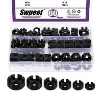 Swpeet 60Pcs 6 Sizes Black Grade 4.8 Carbon Steel M10 M12 M14 M16 M18 Hexagon Slotted Nuts Assortment Kit, Hex Castle Nuts Hex Nuts for Moto Car Furniture Fasteners Repair